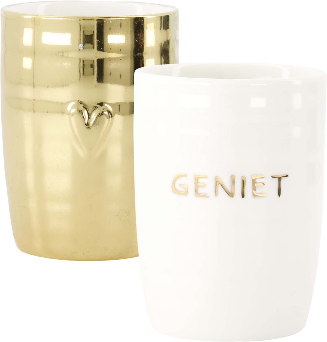 Zusss Set Van 2 Koffiemokken Geniet & Hartje - Keramieken Mokken - Wit/Goud - 225Ml Keramiek Wit / Goud