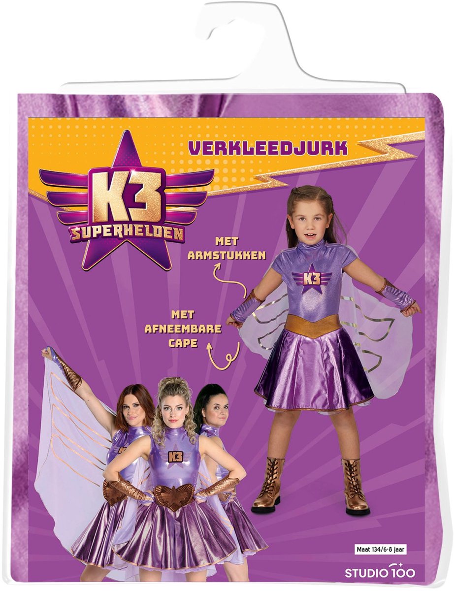 K3 - Verkleedjurk - Superhelden - Met armstukken en afneembare cape - Maat 6 tot 8 jaar - Maat 134 - Beschikbaar in 3 verschillende maten — cadeau in Spellen & Speelgoed - foto 3