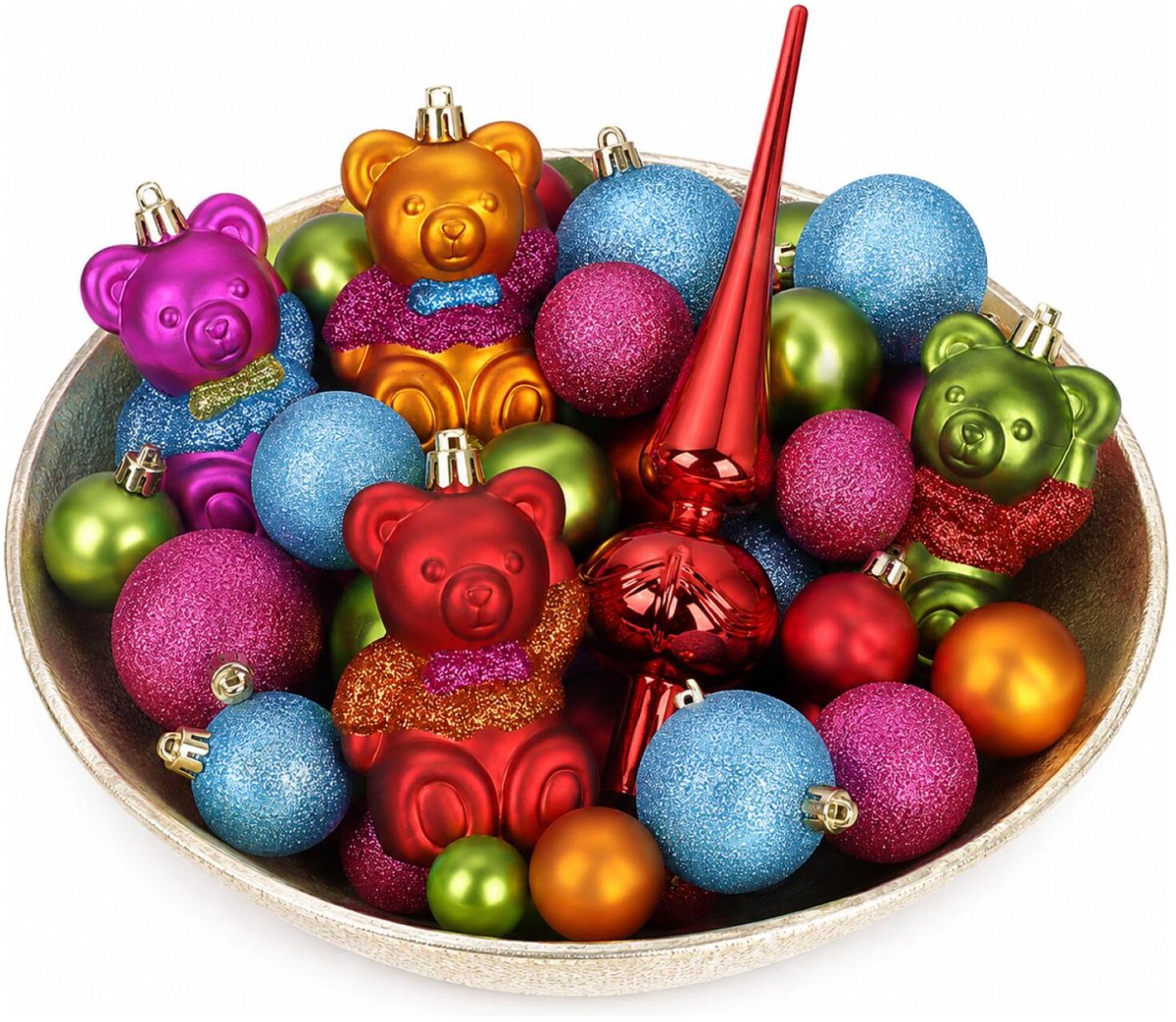 Inge Kerstballen en beertjes ornamenten - 43-dlg - met piek - gekleurd - kunststof - kerstversiering