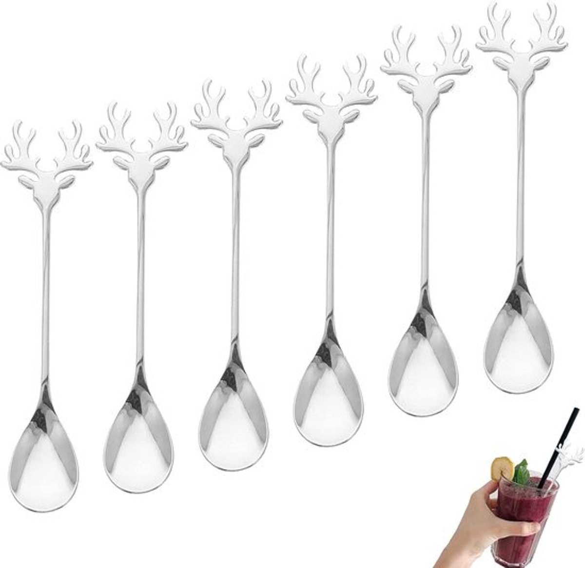 Set van 6 zilveren rendier‑koffielepels van roestvrij staal, creatieve kerst‑theelepels, geschikt als roerlepel, cakelepel en bestek
