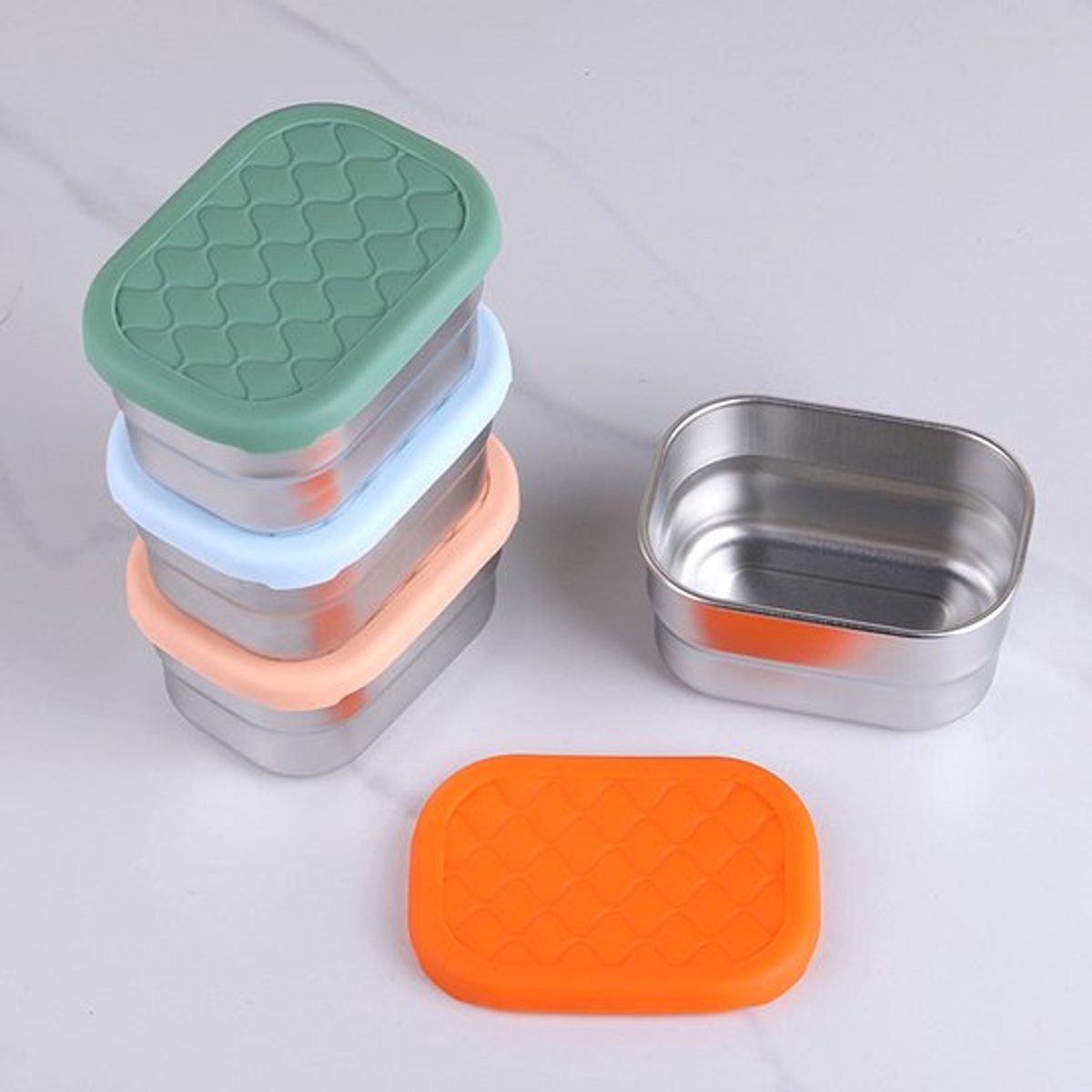Set van 4 RVS snackbakjes 230ml met siliconen deksel, luchtdicht & lekvrij, stapelbare pastelkleurige voedseldozen voor kinderen, picknick en reis