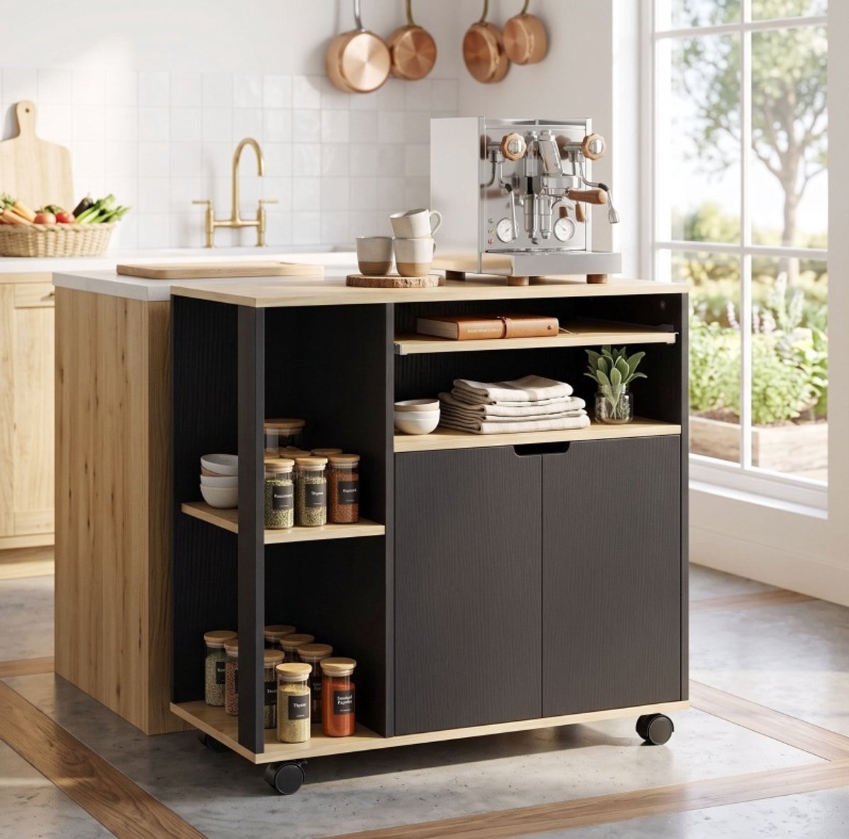 Keukenkast Met Wielen – 80 x 40 x 82 cm – Verstelbare Planken En Dubbele Deur – Zwart – Voor Keuken Woonkamer En Eetkamer