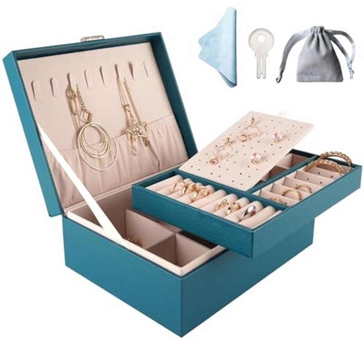 Sieradendoos Organizer - 2 Lagen Skelet met Verwijderbare Tray voor Kettingen, Oorbellen, Ringen en Armbanden