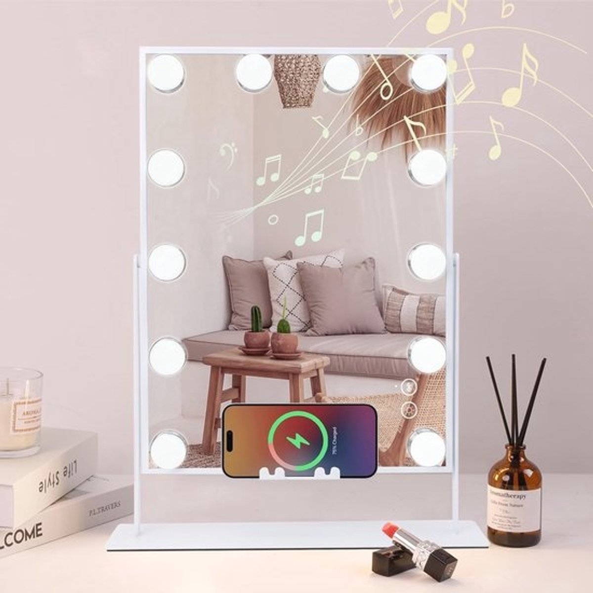 Verlichte Wikkelspiegel met Bluetooth en 12 LED-lampen - Glamoureuze Make-upspiegel met Vergrotingsspiegel en 3 Kleurlichten