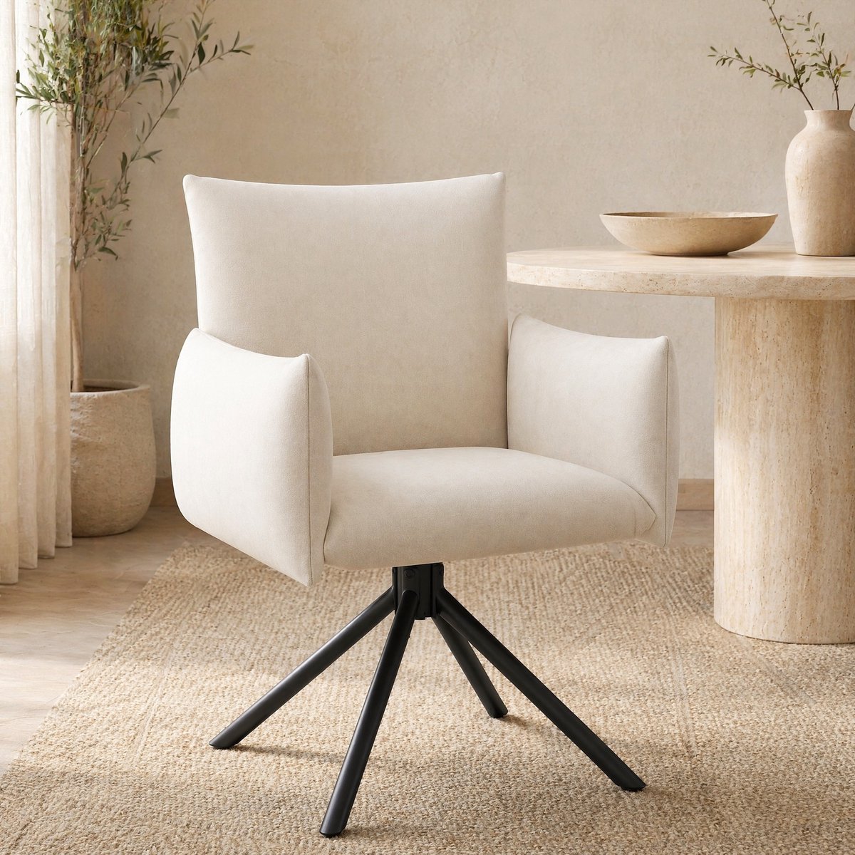 Wishdor Eetkamerstoel - 360° draaibaar met armleuningen - Kuipstoel met hoge rugleuning - Modern - Eetkamer slaapkamer kantoor ontvangst - Velvet - Beige - 60 x 60 x 88 cm