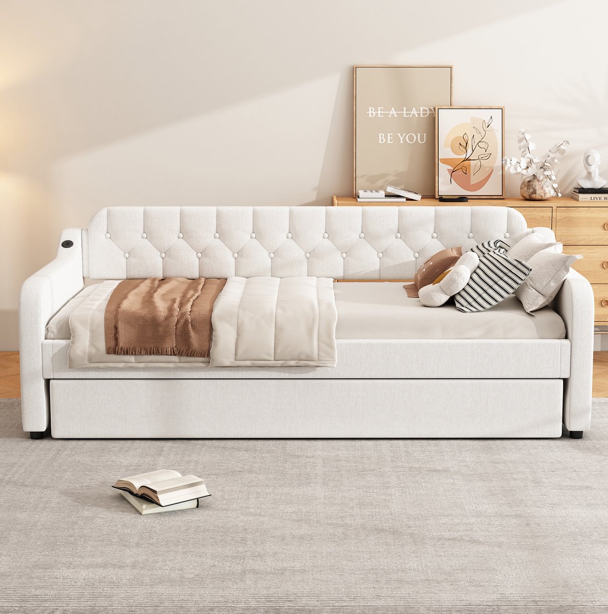 REDOM - Slaapbank - Uitschuifbaar rolbed - USB-aansluiting - Dagbed met lattenbodem - Eenvoudige stijl - MDF en stof - Beige - 215 x 191 x 79 cm
