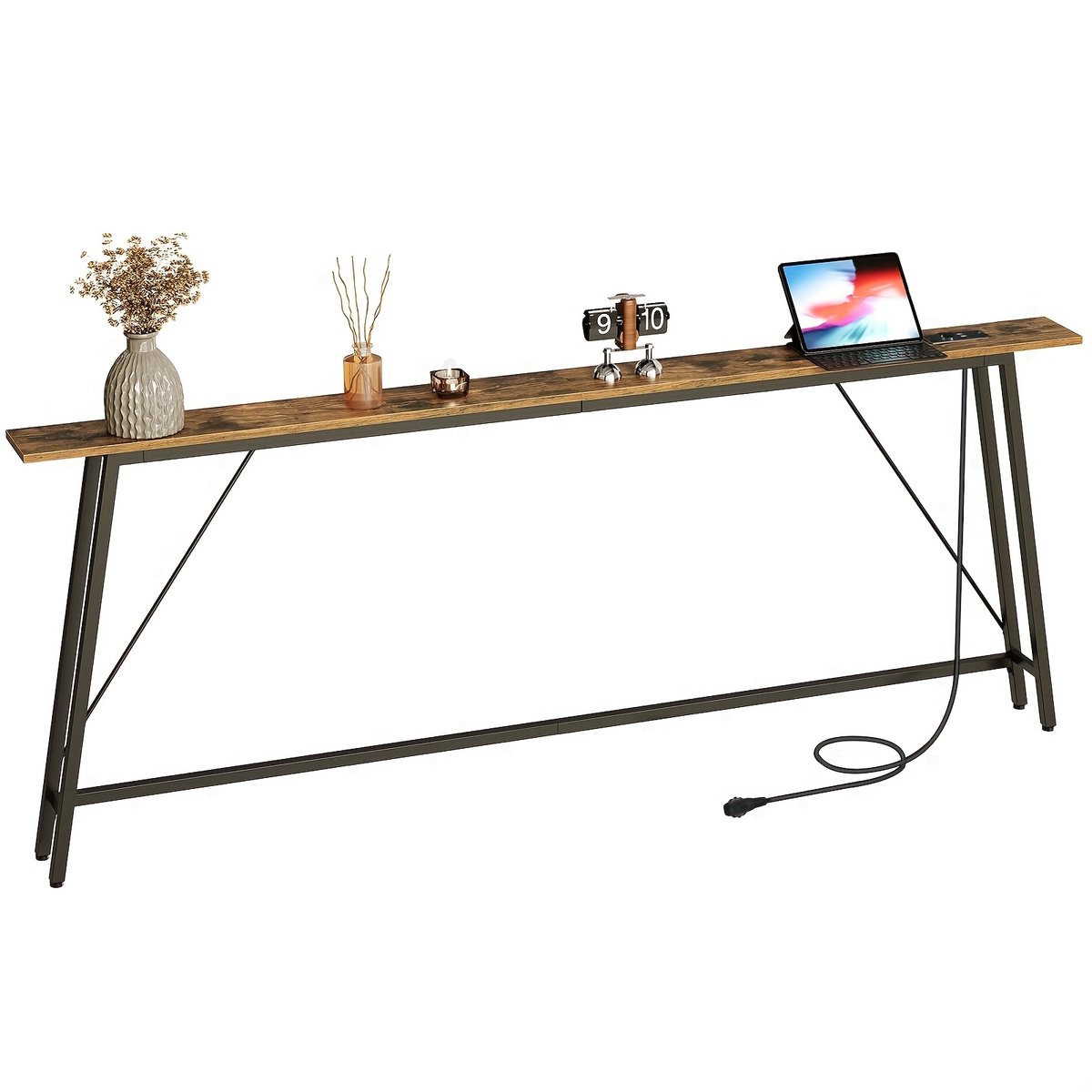 House of Balance Wandtafel - Console Tafel 200x15x82 cm - Industrieel Design met Laadstations - Smalle Haltafel - Hout en Staal – Hal Woonkamer