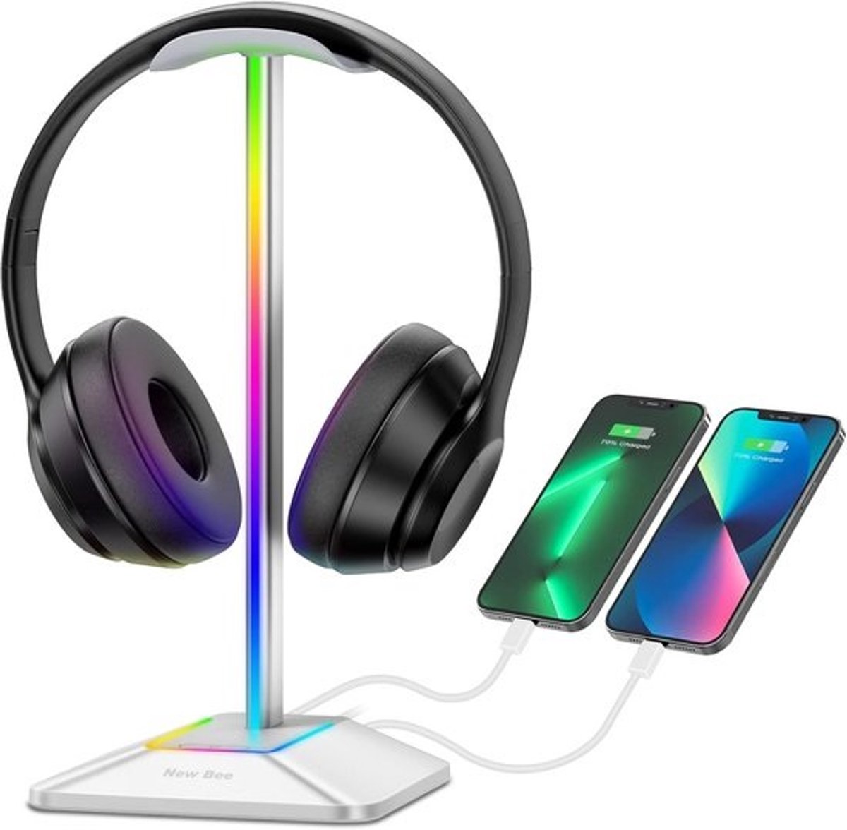 RGB Hoofdtelefoonstandaard met USB-C en USB Oplaadpoorten, 7 Lichtmodi, Antislip Basis voor Gaming