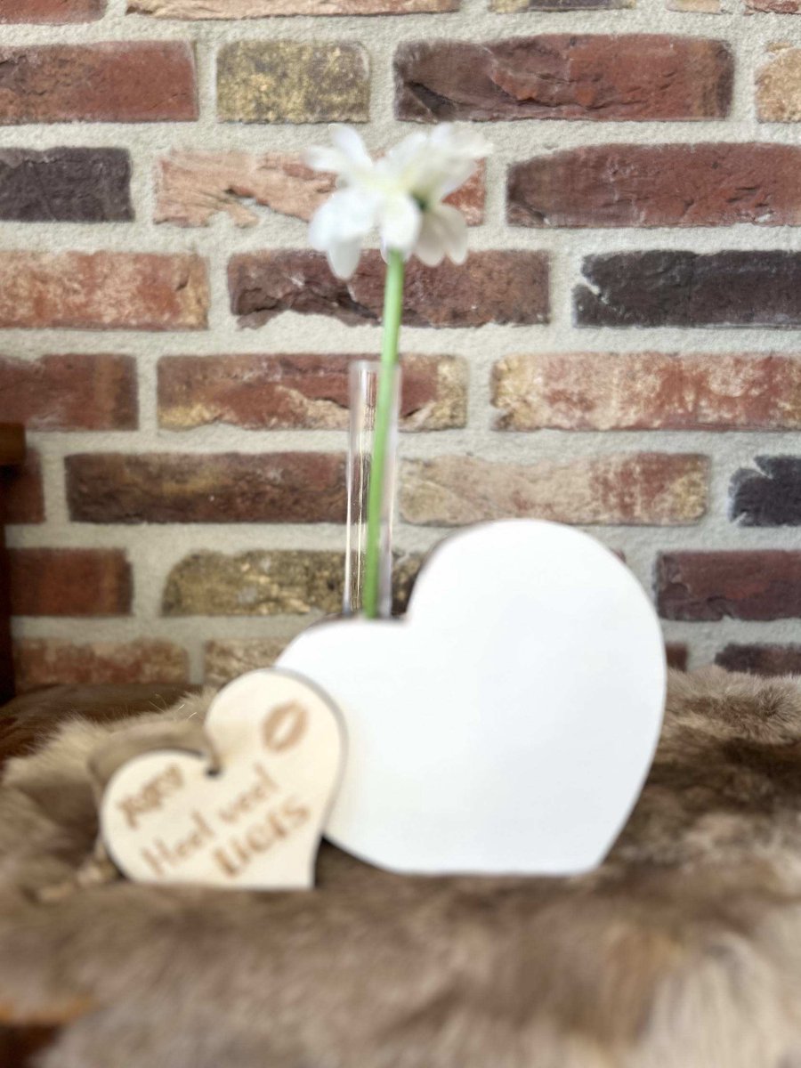 Creaties van hier – hart XL met reageerbuisje - 14x14cm - naturel / wit - met houten hartje