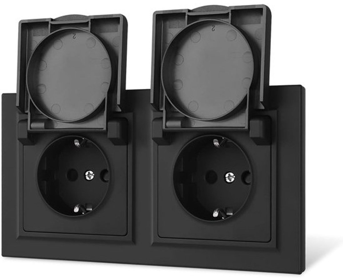 Waterdicht dubbel Schuko-stopcontact met deksel - inbouw wandcontactdoos met gladde afwerking