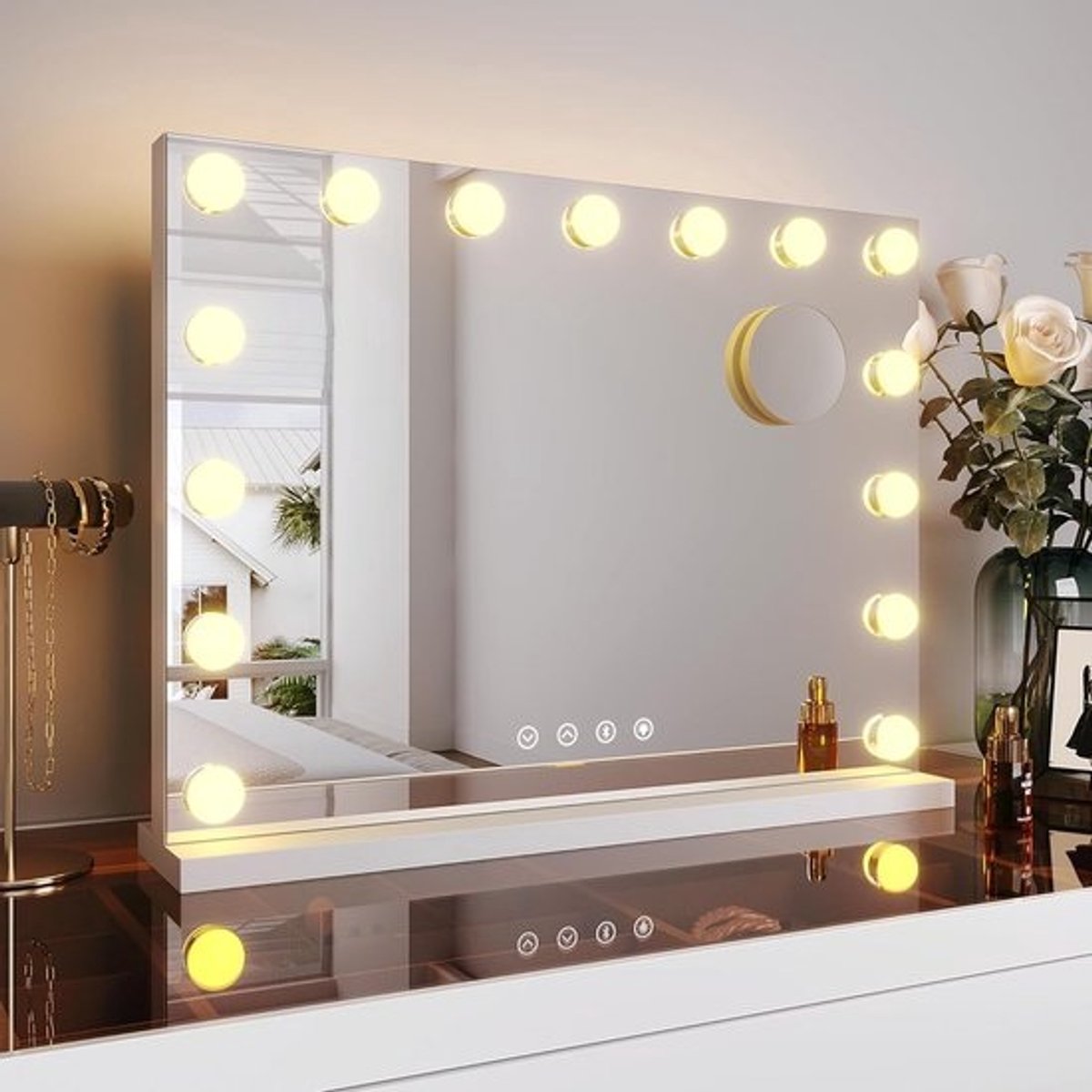 Hollywood Make-upspiegel met Verlichting en Bluetooth - Dimbare Ledverlichting, 10x Vergrootglas, Wand- en Tafelspiegel, Wit
