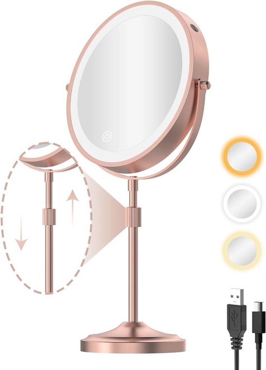 Verlichte make-upspiegel met 10-voudige vergroting en oplaadbare LED verlichting - Instelbare hoogte en 3 verlichtingskleuren