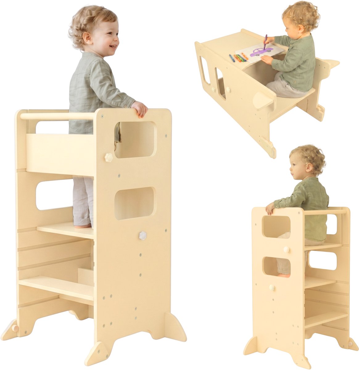 Dastium Kids - 3 in 1 Leertoren - Learning Tower - Keukentoren - Kantelbare Keukenhulp - Hoge Stoel - Speeltafel - Leertoren Verstelbaar - Montessori - Beige