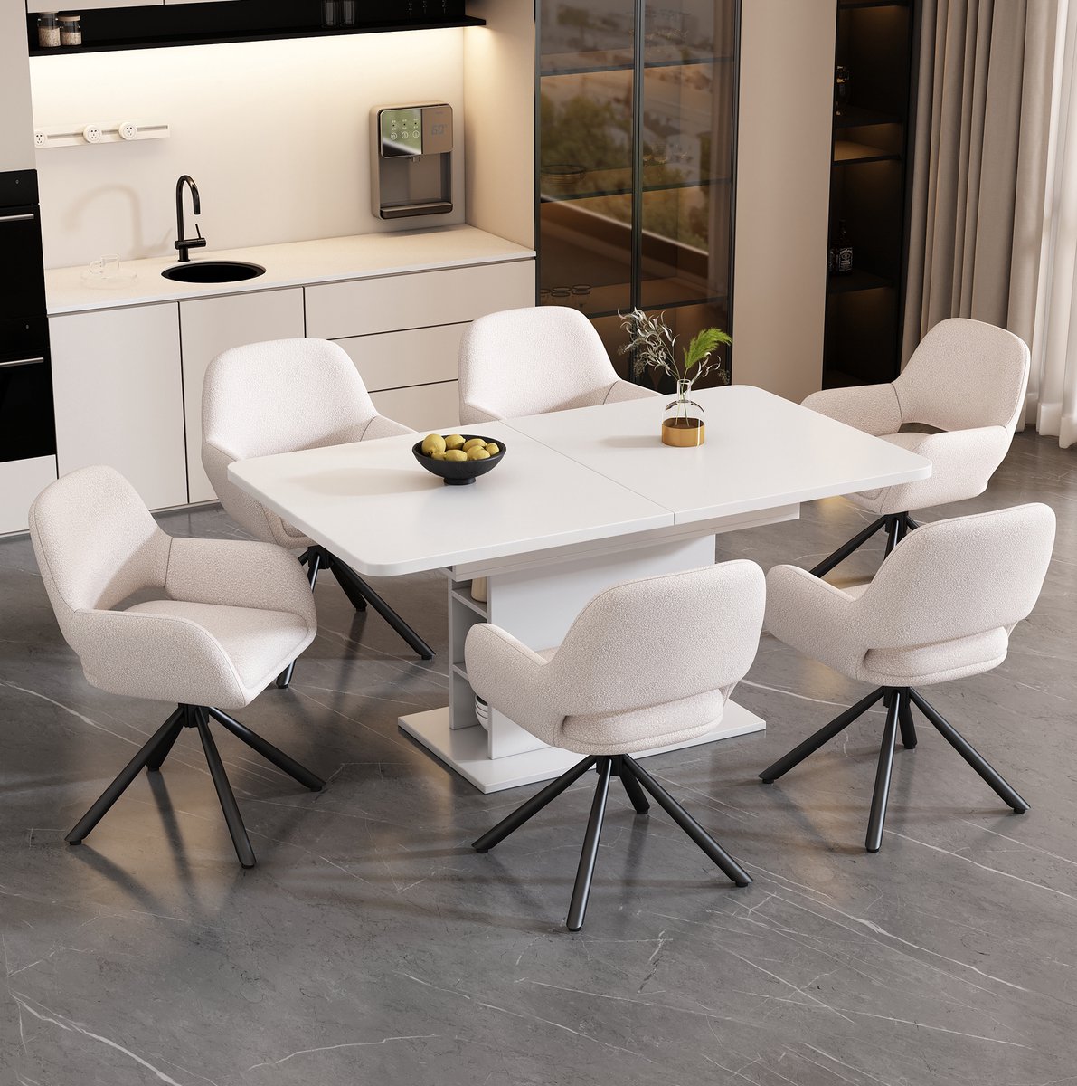 REDOM - Set tafel en stoelen - Uitschuifbare eettafel - Met opbergruimte en rechthoekige tafel - 6 gestoffeerde sherpa stoelen - Modern - Hout en metaal - Wit