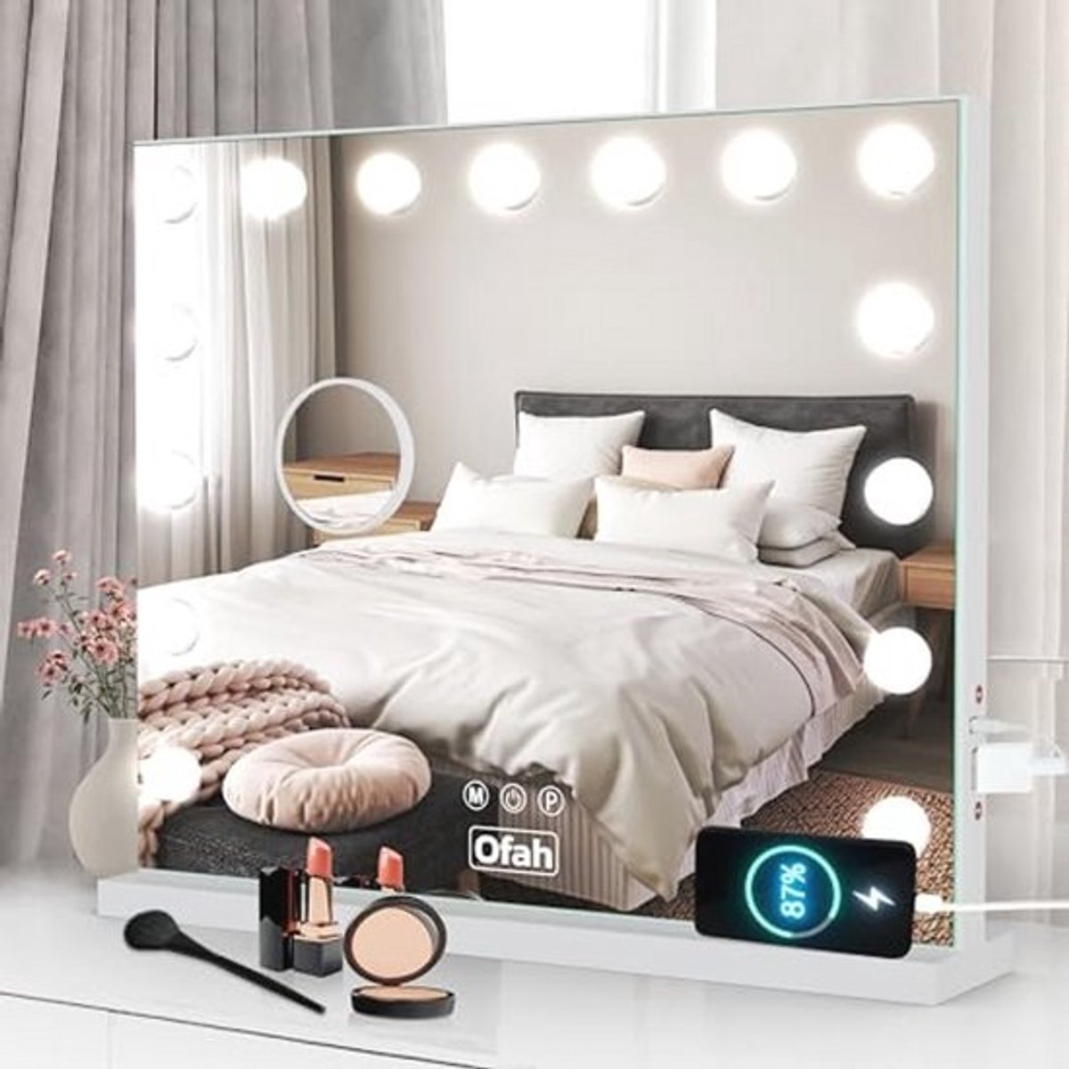 58 × 48 cm grote Hollywood make-upspiegel met verlichting verlichte make-upspiegel met 15 dimbare LED-lampen, 3 kleurmodi touchscreen bediening, cosmetische tafelspiegels voor kleedkamer UK Plug