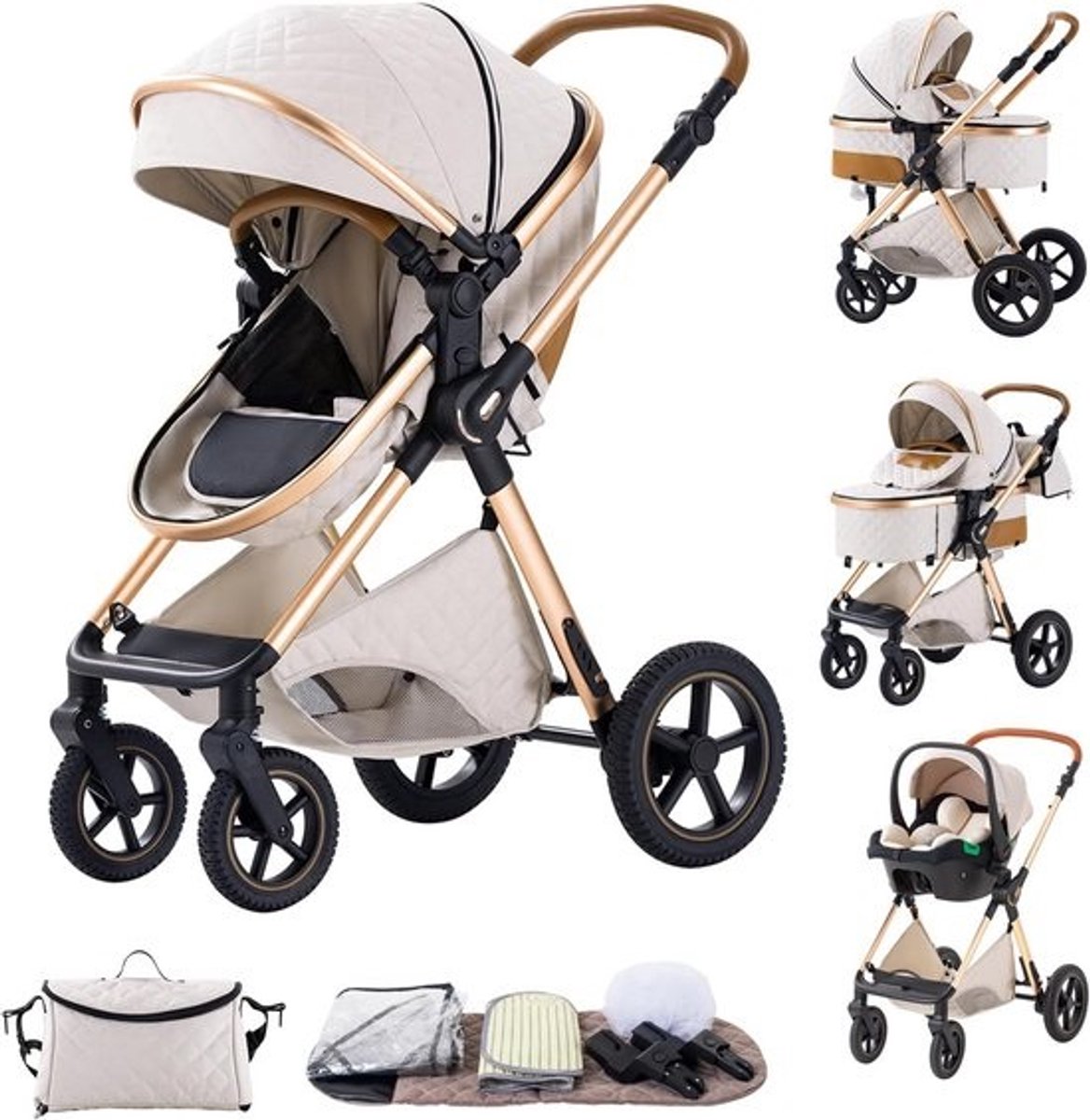 Multifunctionele Kinderwagen 3-in-1 Combinatie voor Pasgeborenen - Opvouwbare Kinderwagen met Babyzitje