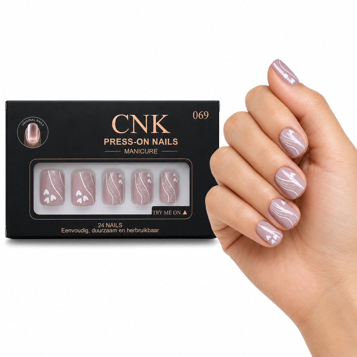 CNK 069 Press On Nails - Plaknagels - 24 Kunstnagels met Nagellijm, 24 Zelfklevende Plakstickers, Cleaner Wipe, Nagelvijl, Woodstick & Size Matcher - Nepnagels voor 7-14 Dagen - Herbruikbare Press-On Nagels - Starterspakket voor Manicure & Nail Art