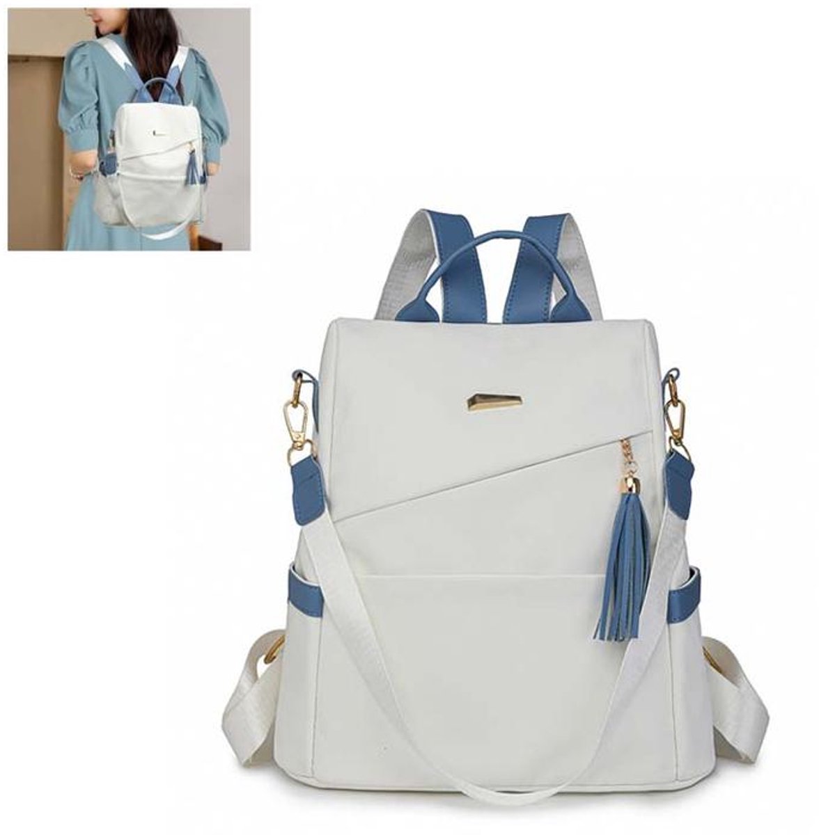KZQ Mini damesrugzak - draagtas - lichtgewicht nylon met waterflesvak en antidiefstalfunctie - geschikt voor reizen en dagelijks gebruik - blauw/wit