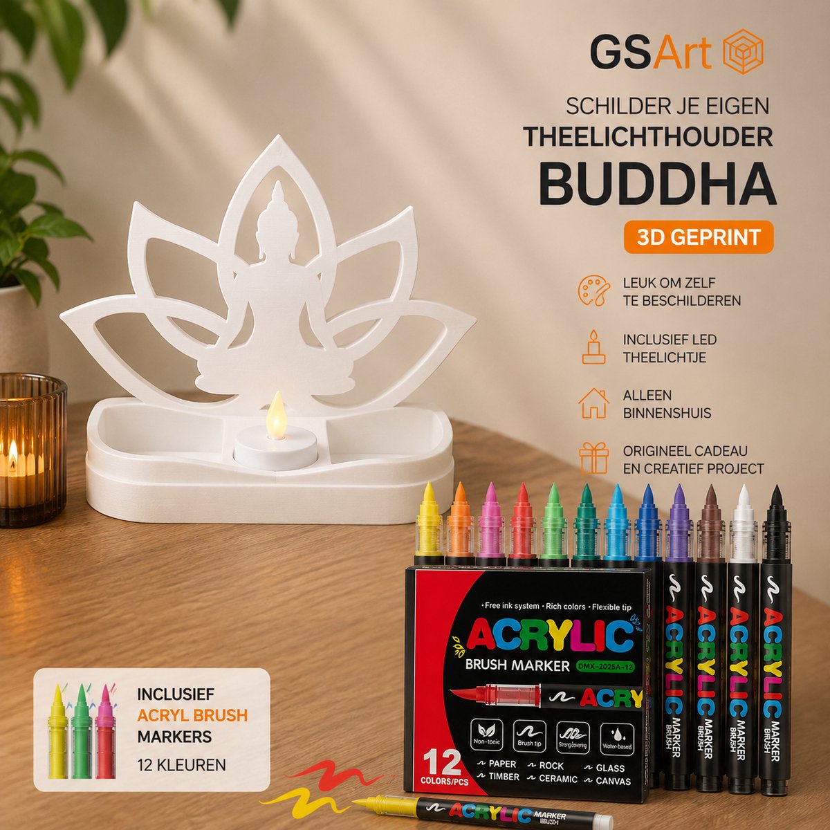 GSArt Schilder je eigen Theelichthouder Buddha – Inclusief 12 Acryl Brush Markers & LED