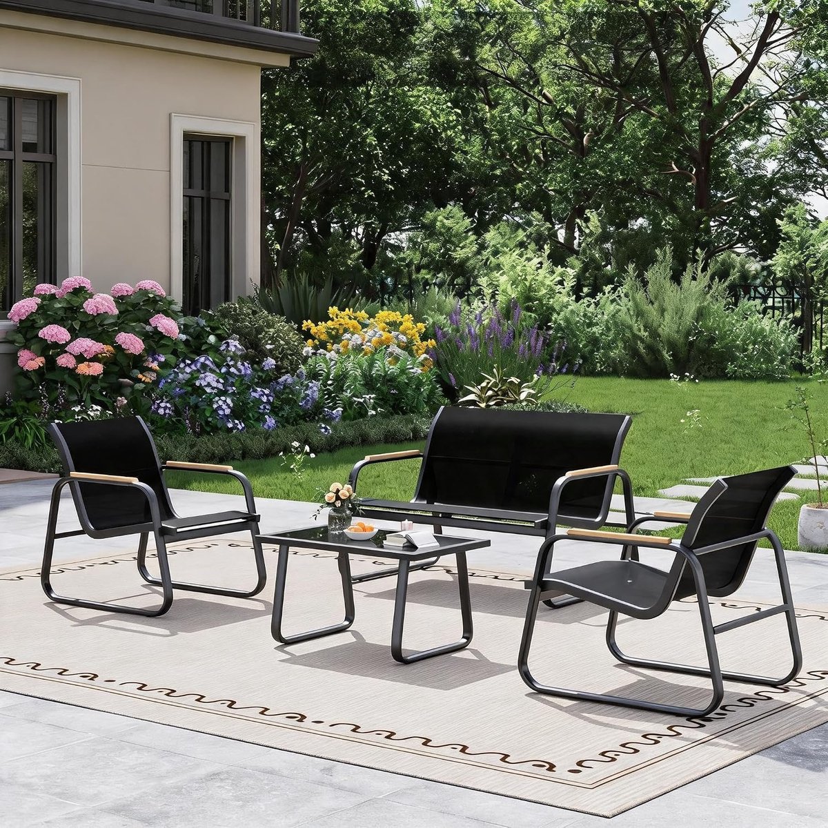 4-delige Tuinset Loungeset voor 4 Personen - Conversatieset met Salontafel - Weersbestendig Textilene & Gepoedercoat Stalen Frame - Zwart