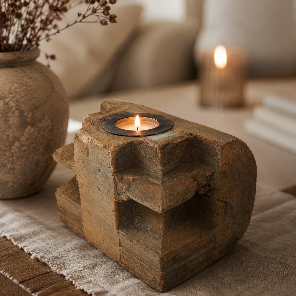 ZoeZo Design stoer - sober - Grote Robuuste houten kaarshouder - kandelaar 23 x 15.5 x 15 cm bruin 5