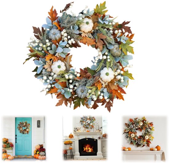 Herfstkrans met esdoornbladeren, pompoenen en witte bessen, met detailafbeeldingen.