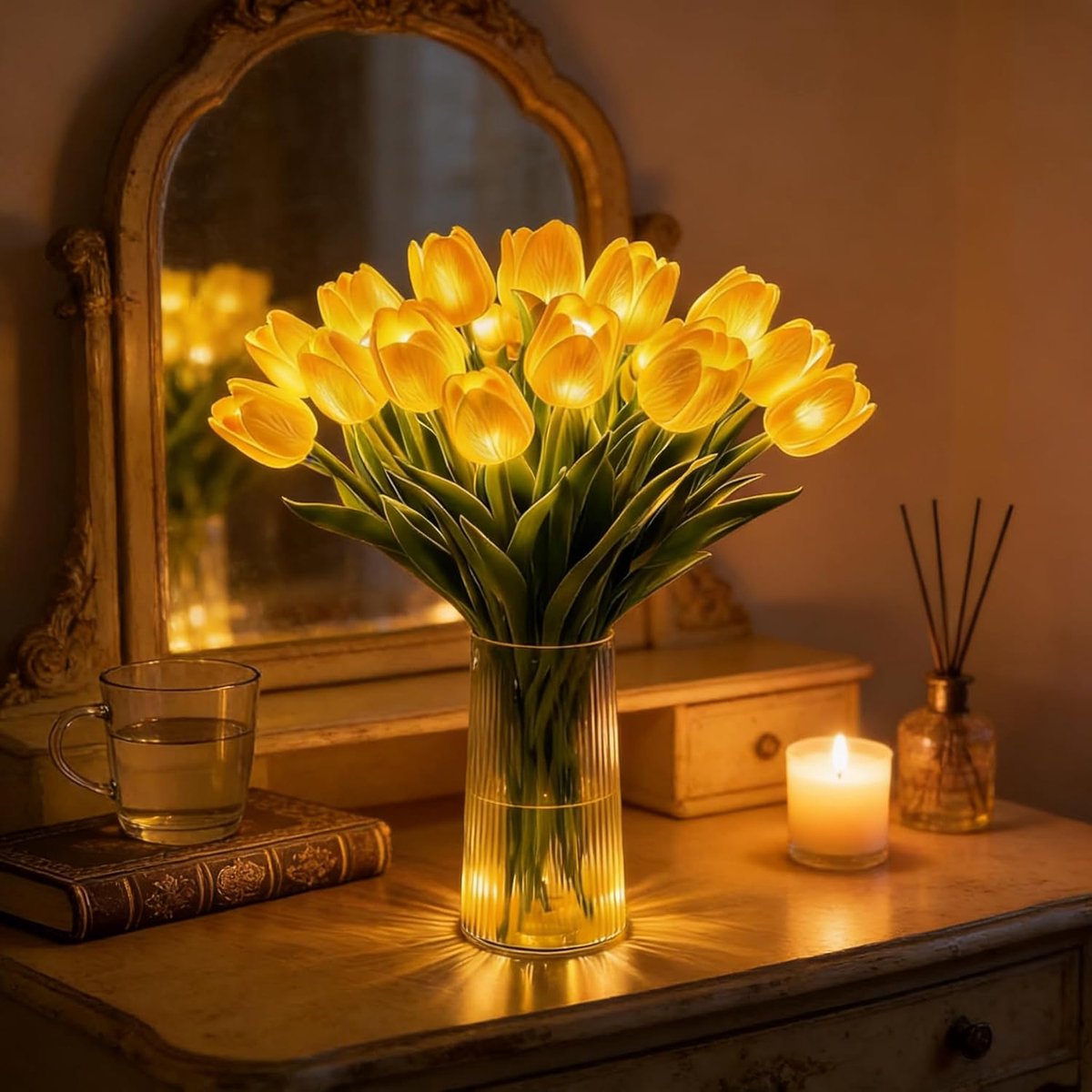 KZQ Romantische Led Tulpenlamp Boomvorm Met 15 Fonkelende Tulpen Geel Nachtlampje Sfeerverlichting Voor Nachttafel Decoratie En Cadeau
