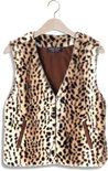 Luxe bruin met luipaardprint faux fur vest met bruine suède zakken en een bruine binnenvoering.