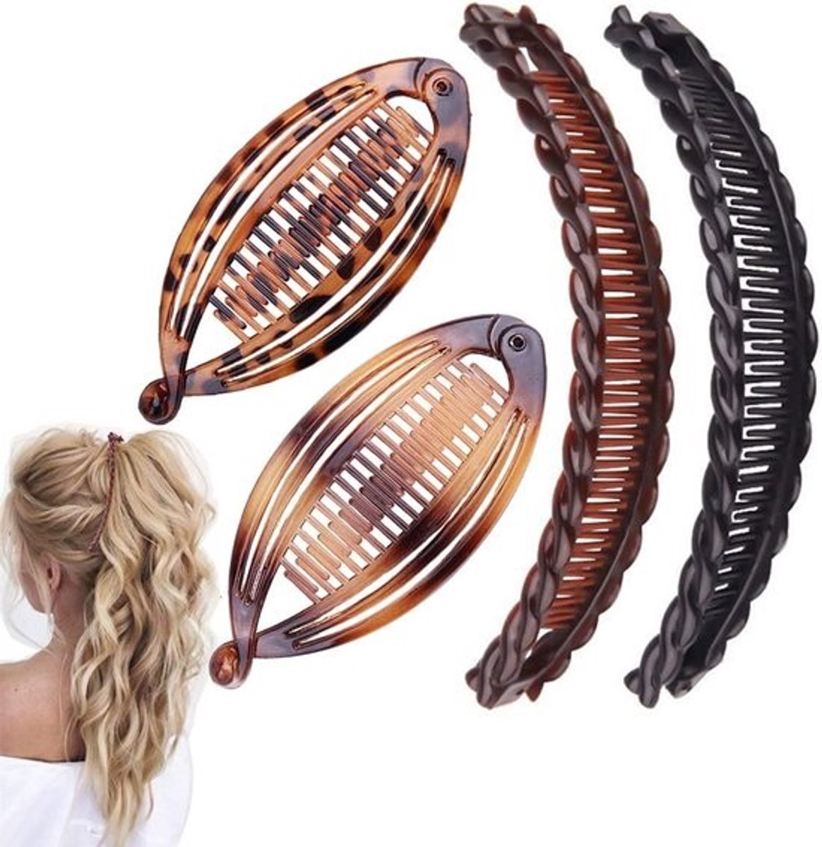 4 Stuks Banaan Haarspelden voor Dik & Krullend Haar - Vintage Haarklemmen met Kammen