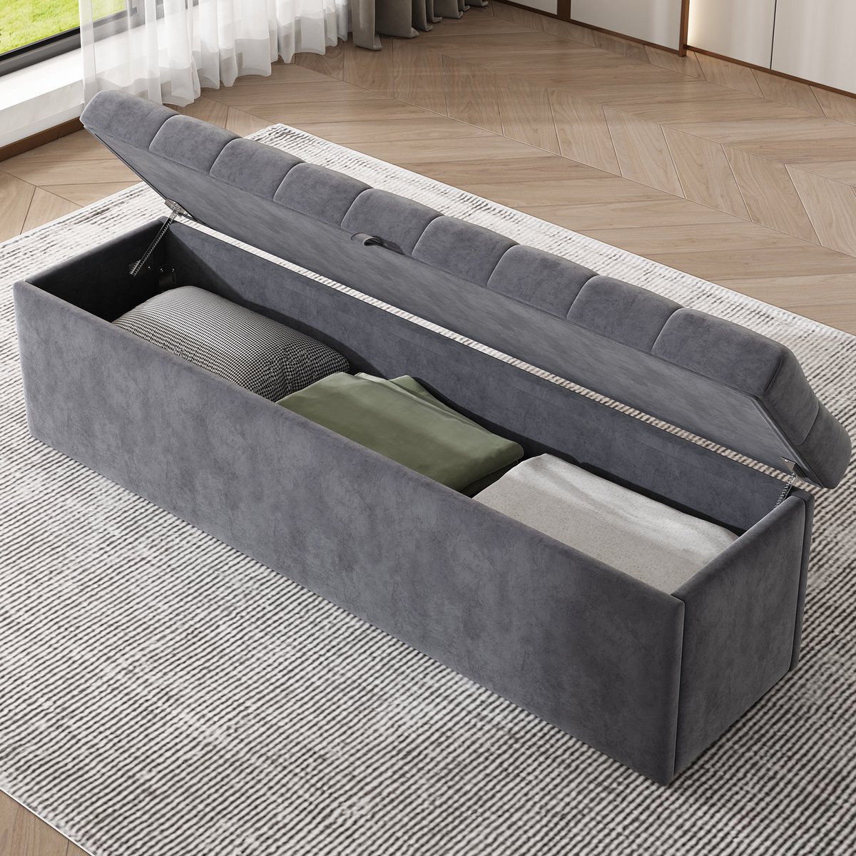 Wishdor Bankje - Zacht velvet met opbergruimte - Gestikt patroon en ruime opbergruimte - Modern design - Slaapkamer hal entree - Grijs - 138 x 41 x 42 cm