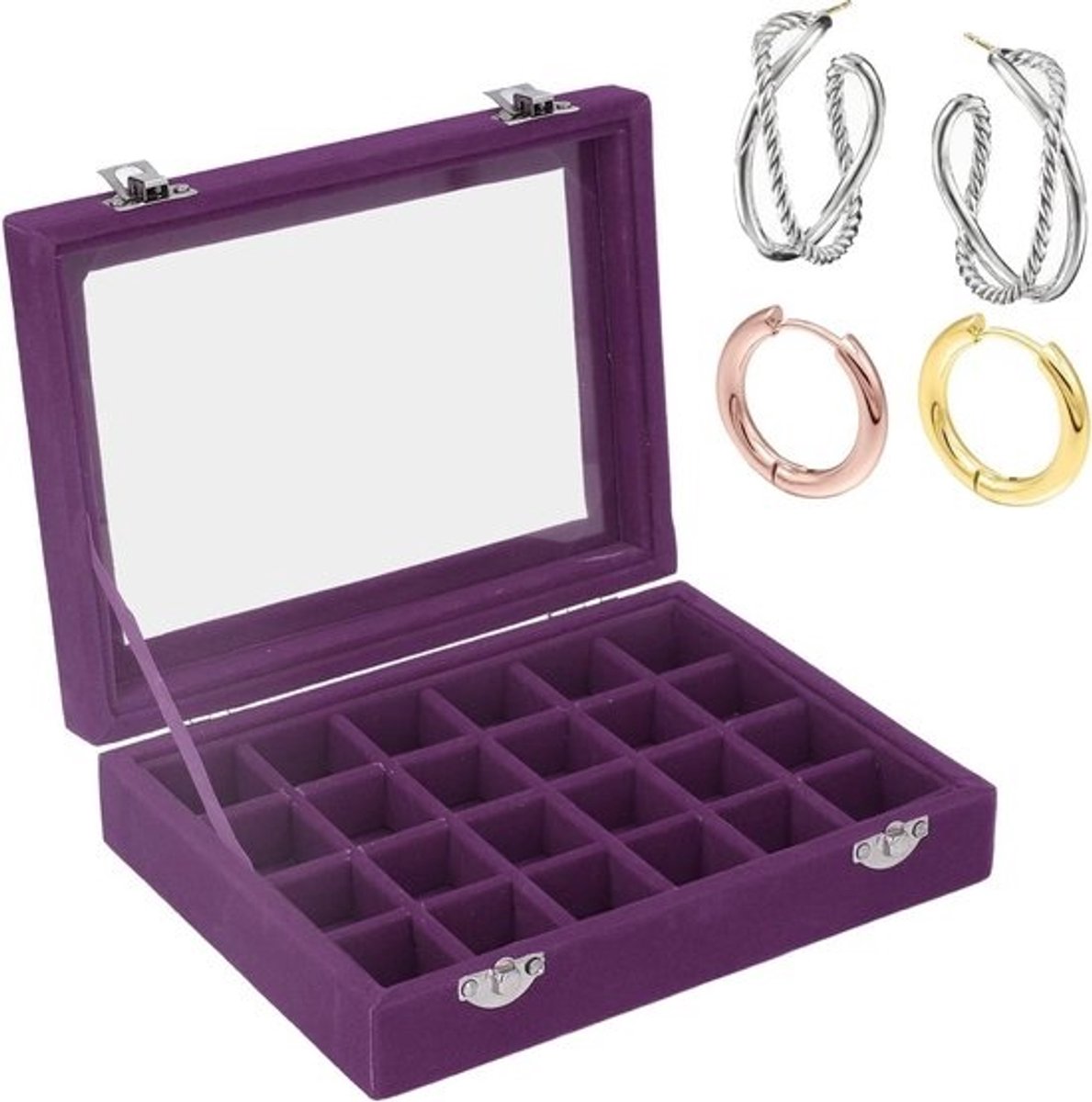 Juwelendoos Organizer - Sieraden Opberger - Sieraden Sorteren - 24 Vakken Met Deksel - Paars