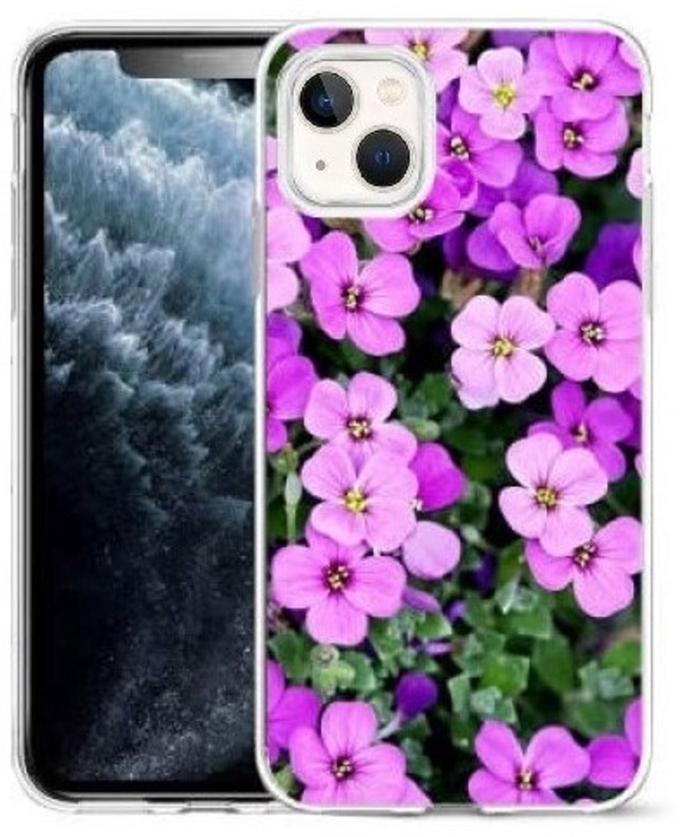 Cityhoesje-iPhone 14 / 13-Bloemen Paars-Backcover Paars Bloemen