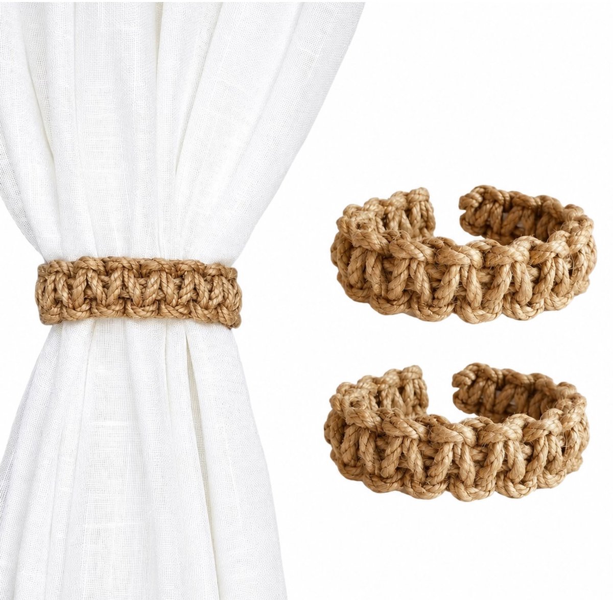 Cheaperito 2 Stuks Gordijnhouders – Gevlochten Gordijnstrikken – Verstelbaar – Jute Look – Boho & Landelijke Stijl – Zonder Boren – Lichtbruin