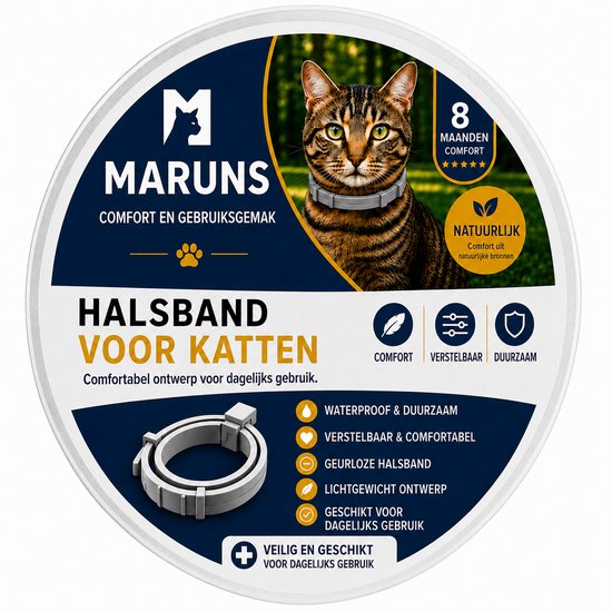 Maruns halsband voor katten, met een tabby kat op de verpakking. Verstelbaar, waterdicht en geurloos.