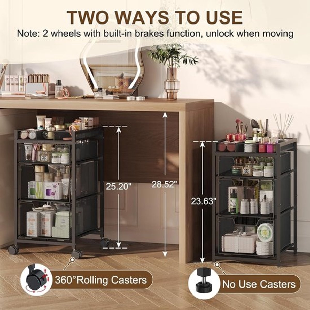 Cosmetica Organizer - Make-up Trolley - Schoonheidsproducten Opbergen - Verstelbare Wielen - 40x32x70 cm - Zwart