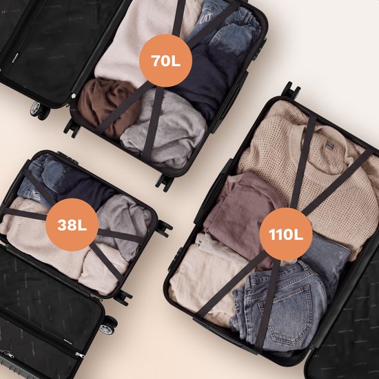 Drie geopende zwarte TRVLMORE koffers gevuld met kleding, met indicaties voor 38L, 70L en 110L.