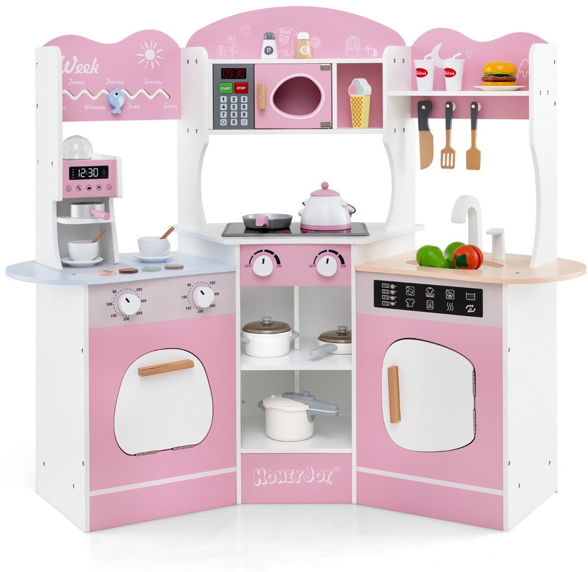 SureDeal® - Rollenspell - Houten Hoek Speelkeuken - Peuters Licht - Geluid Koffiezetapparaat Magnetron - 105x30x95 cm - Roze