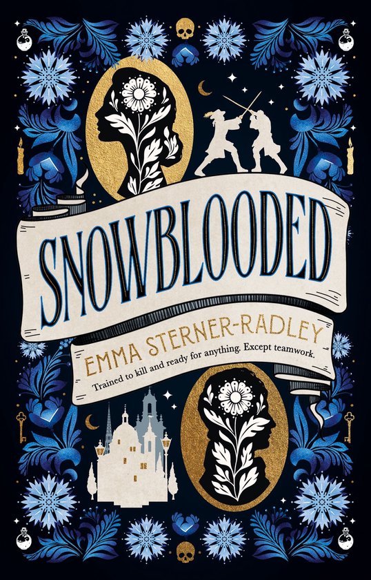 Boekomslag met de titel 'SNOWBLOODED' en 'EMMA STERNER-RADLEY'. Gedecoreerd met gouden ornamenten, een kasteel, twee vechtende figuren en plantmotieven.