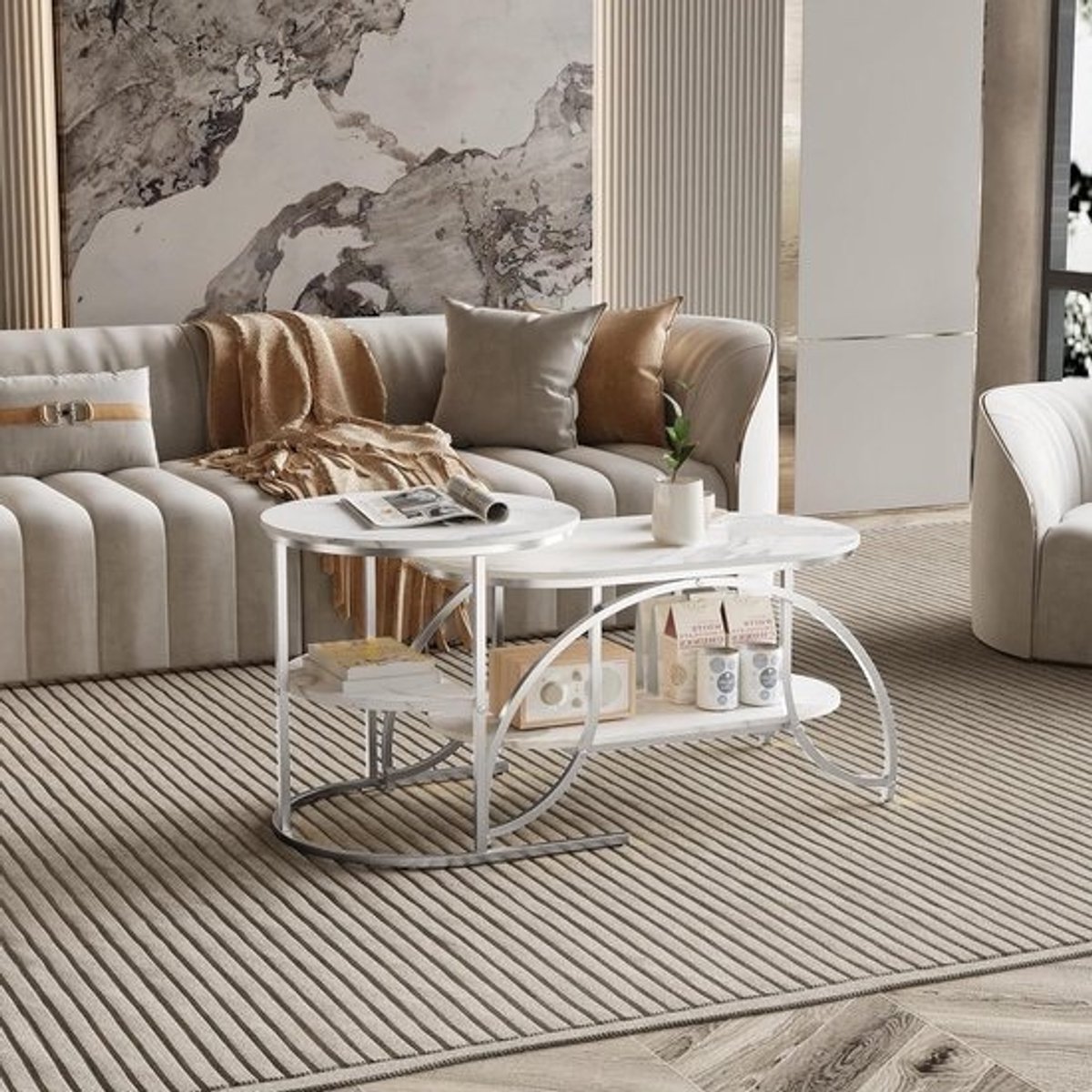 Salontafel Set - Bijzettafel Uittrekbaar - Woonkamer Inrichten - Met Opbergruimte - 45x40cm - Wit Zilver