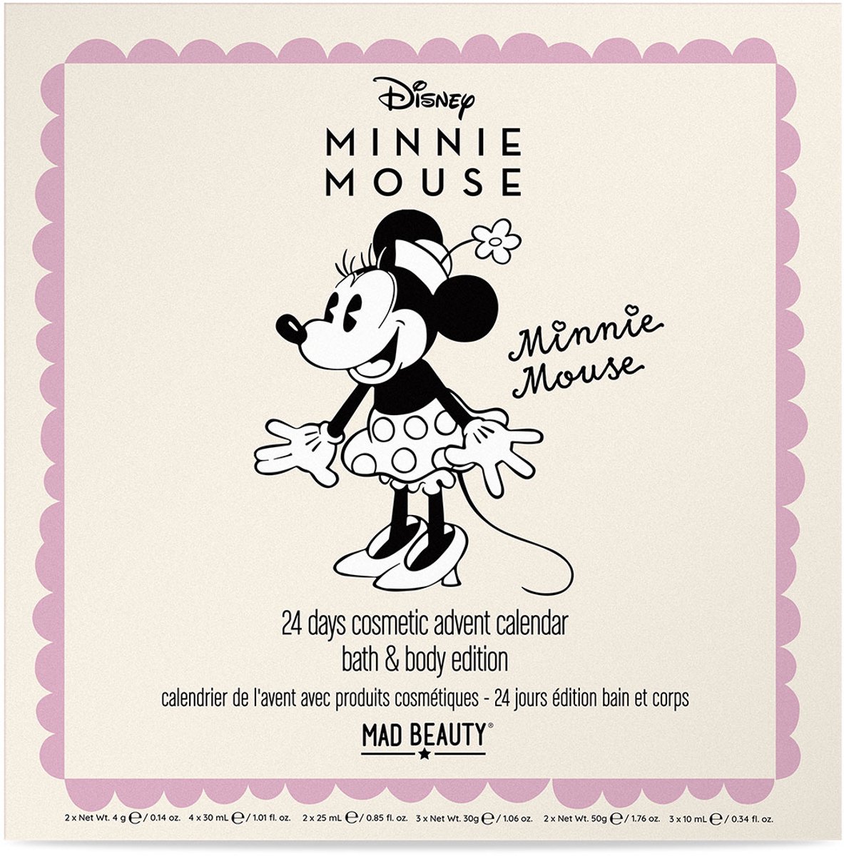 Adventskalender disney minnie mouse - 24 verrassingen - beauty en verzorging - kerstkalender - 37 x 37 x 4,5 cm