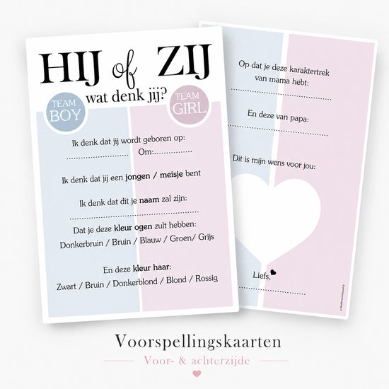 Cartes de prédiction pour baby showers, 'Garçon ou Fille'. Recto et verso avec questions sur le sexe, le nom, la couleur des yeux et des cheveux. Cartes avec 'Équipe Garçon' et 'Équipe Fille'.