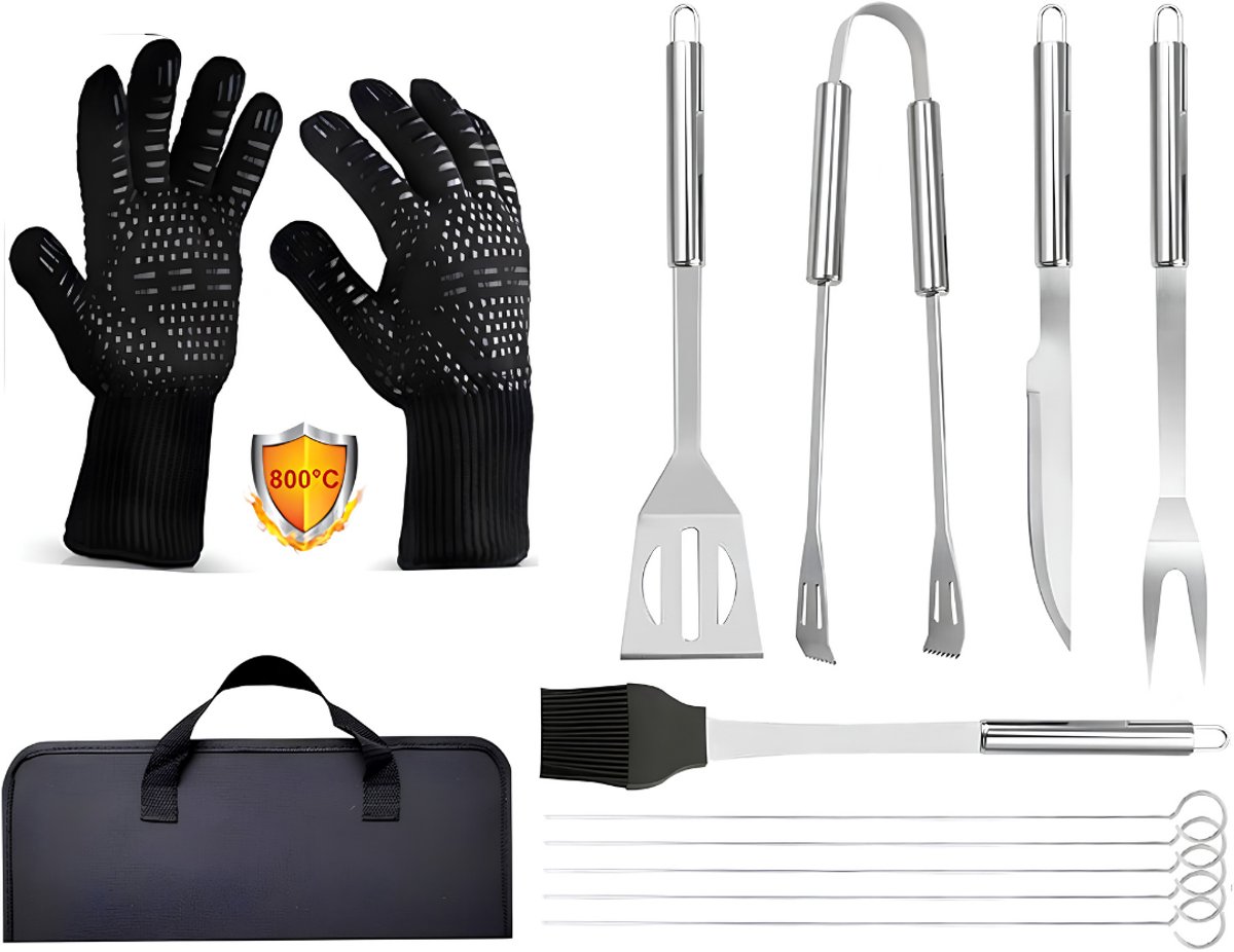 KIRA® BBQ Gereedschap - 9 Stuks - Barbecuegereedschapset - BBQ Accesoires Set - Zwart/Zilver - 40cm x 16cm x 9cm