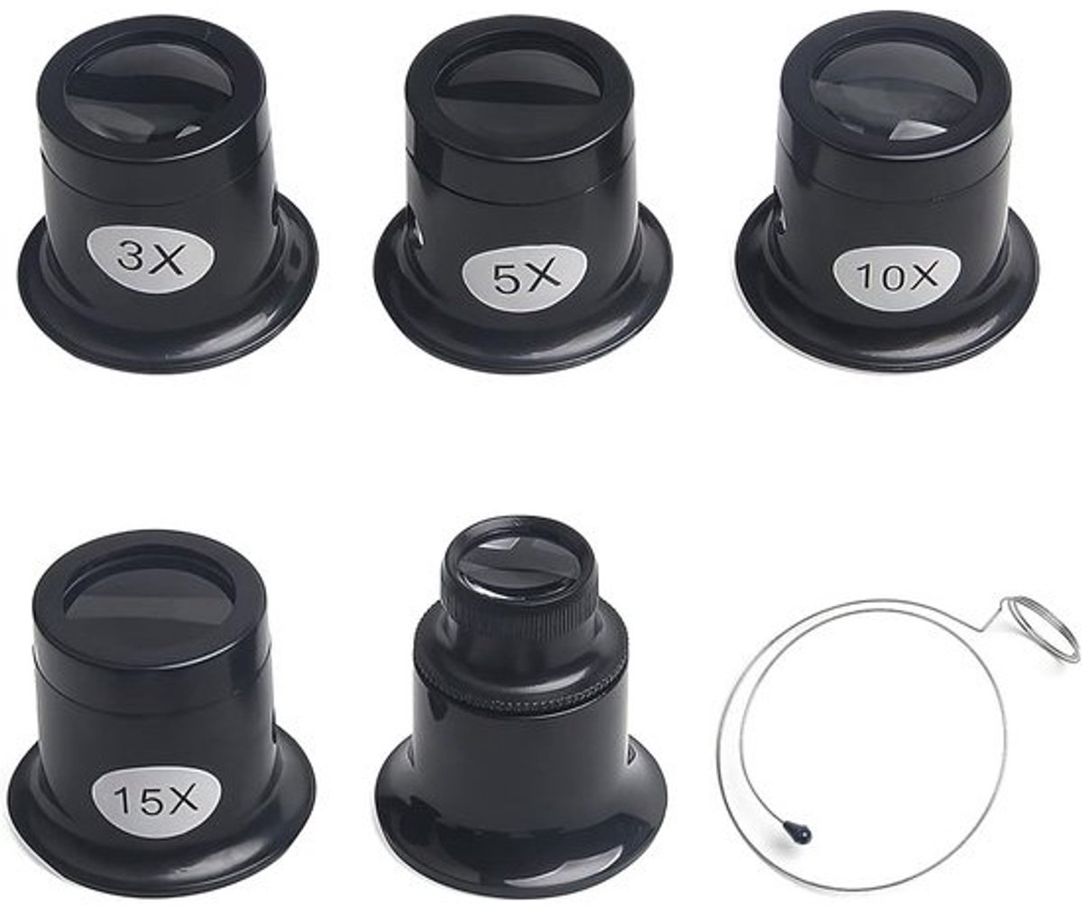 Vergrootglas - reparatiegereedschap - horlogemakers - 3x 5x 10x 15x 20x - sieraden - diamanten - munten-vector - geschikt voor brillen - oculair - zilverkleurig en goudkleurig
