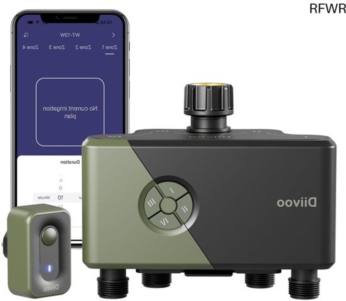 RFWR® Slimme Irrigatiecomputer met Wifi en 4 Uitgangen | Automatische Watertimer met Spraakbesturing en 6 Irrigatieplannen voor Tuin en Gazon