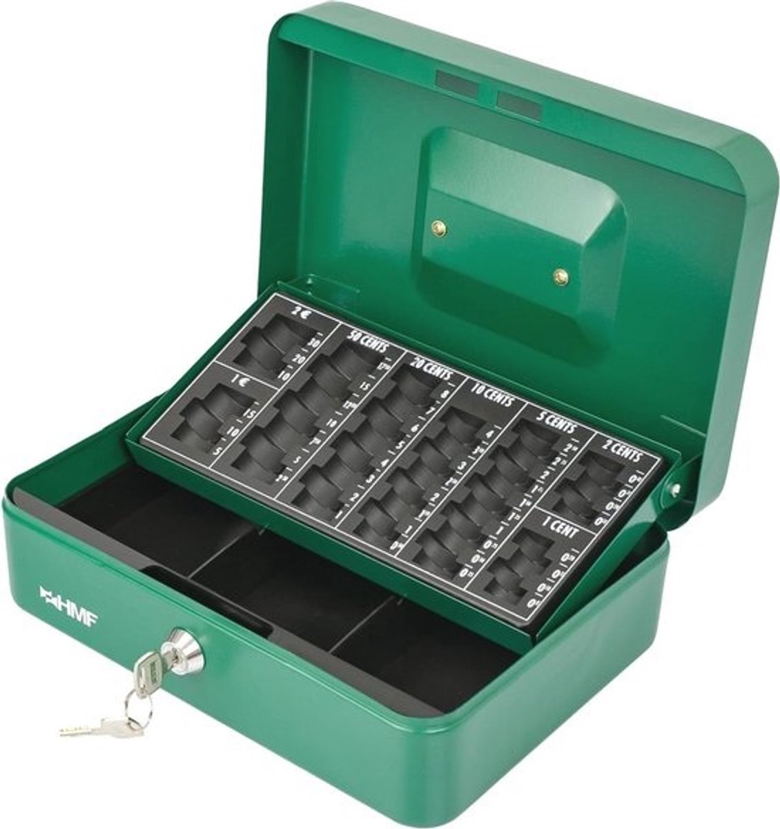 Afsluitbare geldcassette met muntentelbord – 25 x 18 x 9 cm – groen