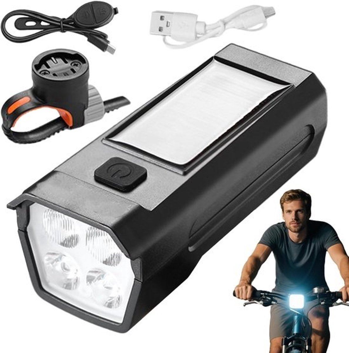 Fietsverlichting Set - Fietslamp Voor - Veilig Fietsen - Zonne-USB Oplaadbaar - 11 cm - Zwart