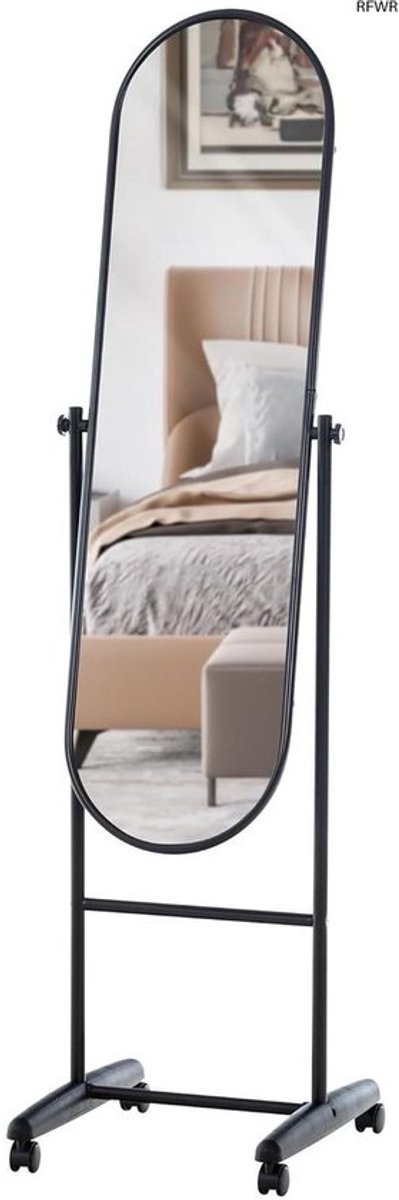 RFWR® Moderne Ovale Staande Spiegel met Wielen - Voor Make-up en Pas Styling - Zwart