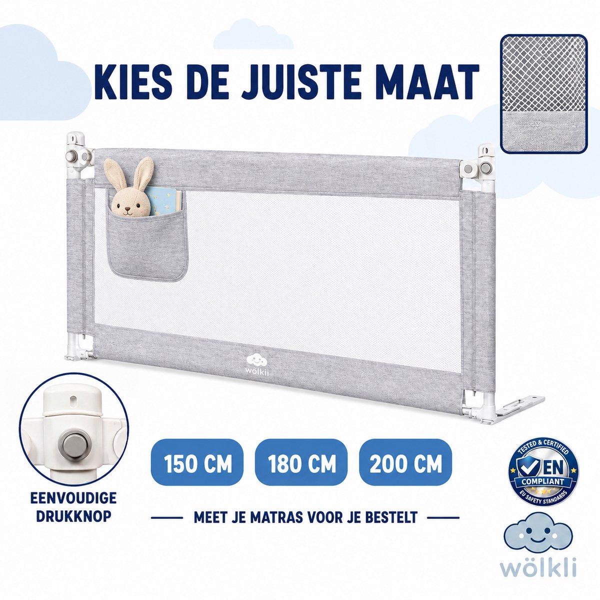 Wölkli bedhekje - Kinderbedhek voor kinderen Babybedhek Valbeveiliging voor Bed & Boxspring Bedhek - 200cm