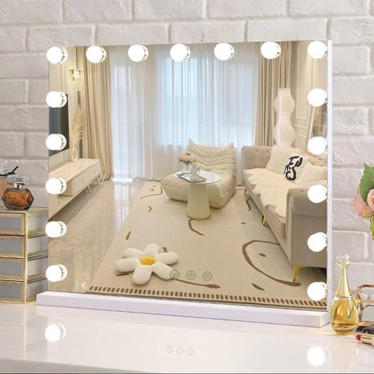 Make-upspiegel met Verlichting en Dimbare Verlichting | Hollywood Spiegel met 3 Lichtkleuren en Touchfunctie | Tafelspiegel met 10x Vergrootglas | 80x55cm