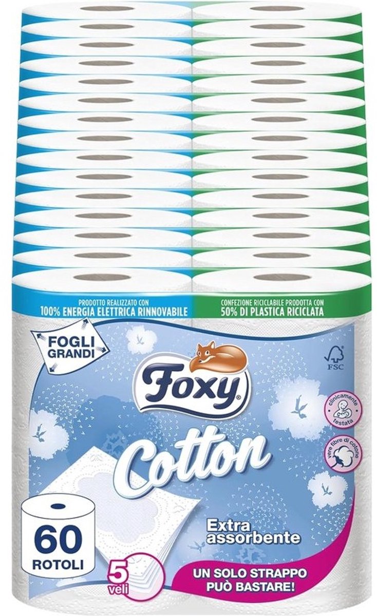 5-laags Katoenen Toiletpapier - 60 Rollen, Extra Grote Vellen, FSC-gecertificeerd